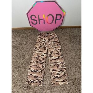 FOREVER 21 Womens Camo Cargo Pants Wide Leg Drawstring Tan Pink Size S